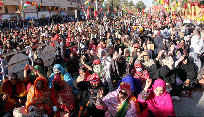 Supporters of different political parties while holding a protest against alleged rigging in General Election 2024 in Quetta on February 17, 2024. — PPI