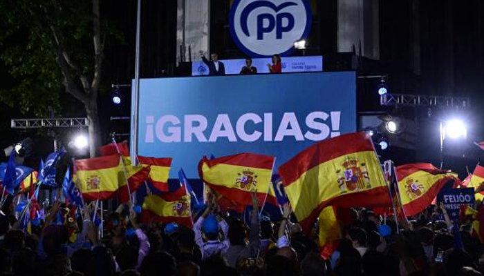 On May 28, 2023, supporters of the People’s Party gathered outside the party headquarters in Madrid, Spain, to celebrate the election results. — AFP