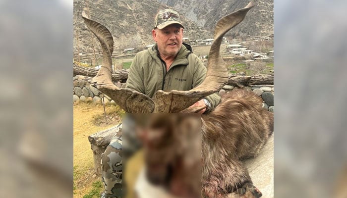 An American hunter Robert Myles Hall is pictured with a Kashmir Markhor at the Gahirat-Golen community game reserve during the 3rd Trophy Hunting of Markhor in the ongoing season in Chitral on February 18, 2024. — Facebook/Chitral Wildlife Division
