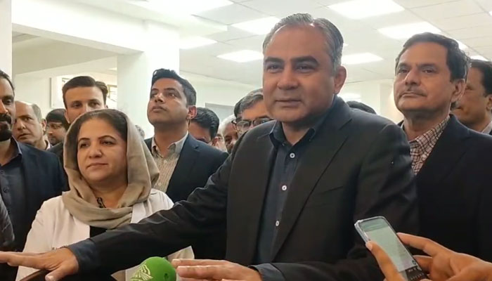 Chief Minister Mohsin Naqvi Speaks to the media after inaugurating the upgraded surgical, medical, and administrative blocks of Services Hospital on February 19, 2024. — Facebook/Govt of Punjab