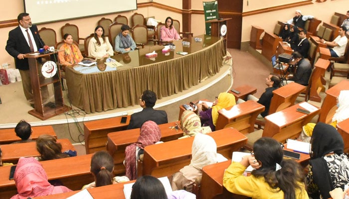 KU Vice-Chancellor Professor Dr Khalid Mahmood Iraqi addresses to Federal Ombudsperson for Protection Against Harassment of Women seminar at the University of Karachi on February 19, 2024. — Facebook/Karachi University