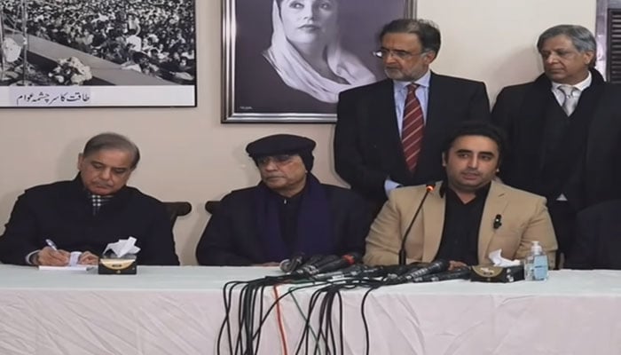 (From L to R) Former PM Shahbaz Sharif, former Present Asif Zardari, and  PPP Chairmen Bilawal Bhutto during the press conference on February 20, 2024. — Facebook/Pakistan Peoples Party - PPP