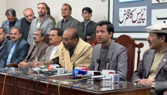 This screengrab shows Chairman PNAP Khushal Khan Kakar speaks during a press conference on February 13, 2024. — Facebook/Khushal Khan Kakar