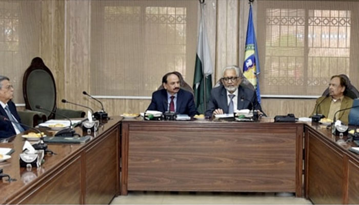 Caretaker Provincial Health Minister Prof Dr Javed Akram addresses the 10th Syndicate meeting of the University of Child Health Sciences (UCHS) on February 21, 2024. — Facebook/Javed Akram
