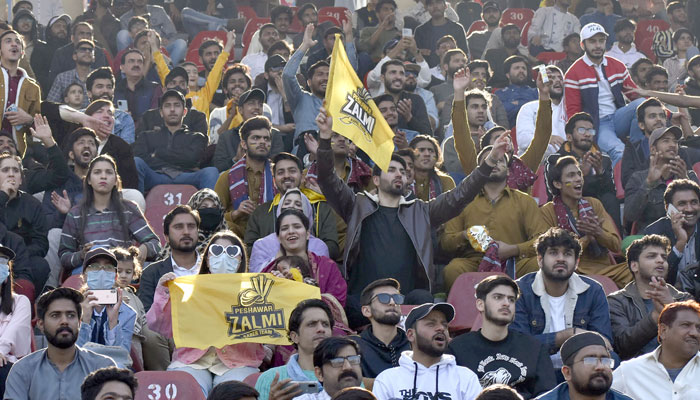 Cricket fans enjoys during Pakistan Super League (PSL) Twenty20 cricket match between Peshawar zalmis and Karachi kings at the Gaddafi Cricket Stadium in Lahore on February 21, 2024. — Online