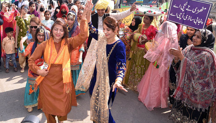 Women dancing on Punjabi song during Punjabi Language Day at Shimla Pahari Chowk on February 21, 2024. — APP