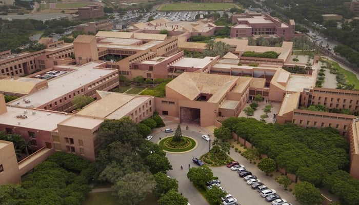 This aerial view released on February 7, 2024, shows Agha Khan University Hospital Karachi. — AKU website