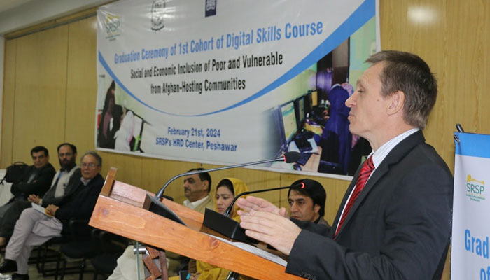 Radoslaw Rzehak, chief of UNICEF Peshawar Office speaks to a two-month digital skill course at the Human Resource Centre of the Sarhad Rural Support Programme (SRSP) on February 21, 2024. — Facebook/SRSP