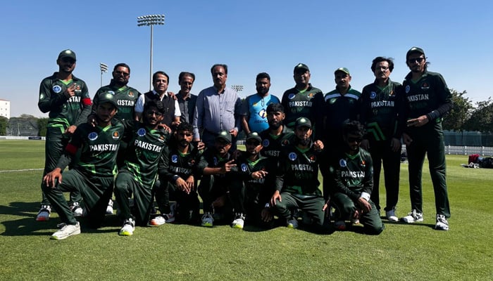 This image shows Pakistans team for blind, blind posing for a group photo during the first of a three-match series against India on February 22, 2024. — Facebook/Pakistan Blind Cricket Council