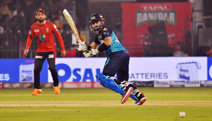 Multan Sultans batter Muhammad Rizwan plays a shot during the PSL-9 T20 cricket match against Lahore Qalandars at the Multan Cricket Stadium on February 21, 2024. — APP