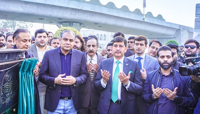This image shows interim CM Punjab Mohsin Naqvi with CBD Punjab Officials during the inauguration of the Captain Karnal Sher Khan Shaheed Flyover in Lahore on December 27, 2023. — Facebook/CBDPunjab