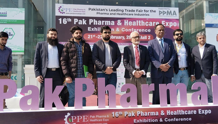 Caretaker Health Minister Prof Dr Javed Akram posses during 16th Pak Pharma and Health exhibition and conference at the Expo Centre on February 22, 2024. — Facebook/Javed Akram