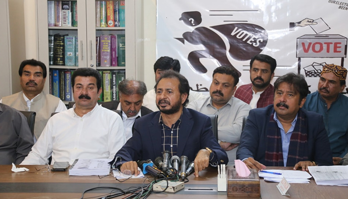 Sindh PTI President Haleem Adil Sheikh addresses a presser in Karachi on February 18, 2024. — Facebook/Haleem Adil Sheikh