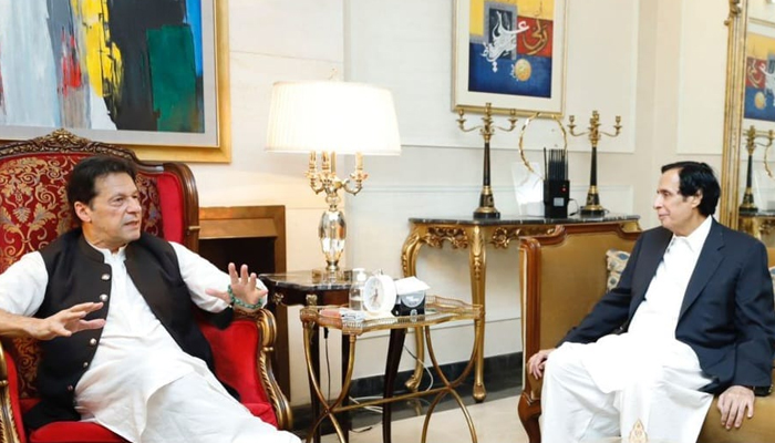 PTI Central President Parvez Elahi while meeting with the former PM Imran Khan in Zaman Park Lahore in this image released on March 17, 2023. — Facebook/Chaudhry Parvez Elahi