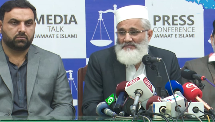 Jamaat-e-Islami Ameer Sirajul Haq addresses a press conference in a JI Youth meeting at Mansoorah in this still on February 22, 2024. — Facebook/Siraj ul Haq