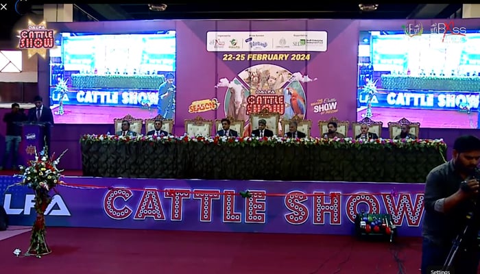 A speaker addresses the audience during the third Dairy Agriculture, Livestock Fisheries and Advance Technology Cattle Show in Karachi in this still on February 23, 2024. — Facebook/Badar Expo Solutions and DALFA PAK