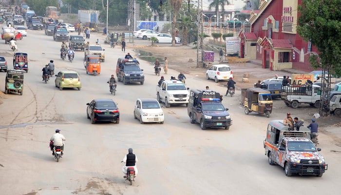 Pak Army, Rangers, and Police troops patrolling the streets during the flag march in Hyderabad to develop a sense of protection among the masses on February 6, 2024. — Online