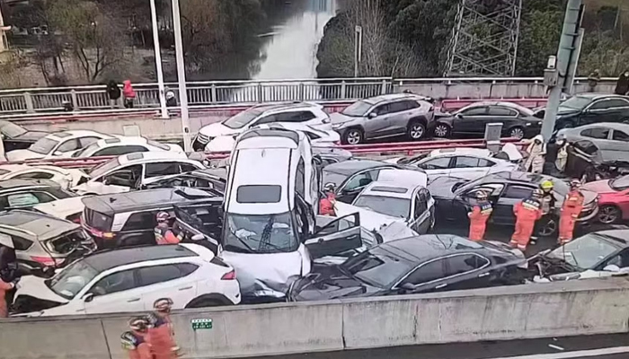 This image shows a car pile-up in the Chinese city of Suzhou on February 23, 2024. — The Yangtse Evening Post