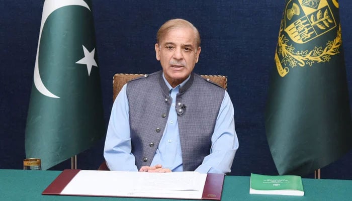 Shehbaz Sharif, as the prime minister of Pakistan, is addressing the nation on May 27, 2022. — Screengrab via Twitter/@abubakarumer