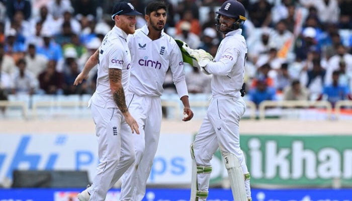 England spinner Shoaib Bashir celebrates after taking a wicket on the second day of the fourth Test against India in Ranchi. — AFP