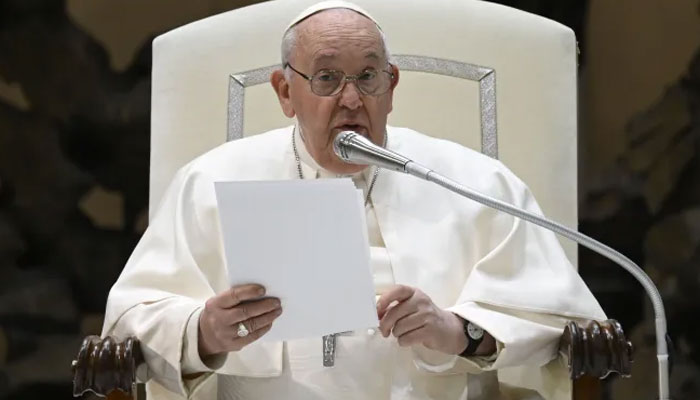 Pope Francis delivers an address during his Wednesday general audience on Feb. 14, 2024, in the Paul VI Audience Hall at the Vatican. — Vatican Media