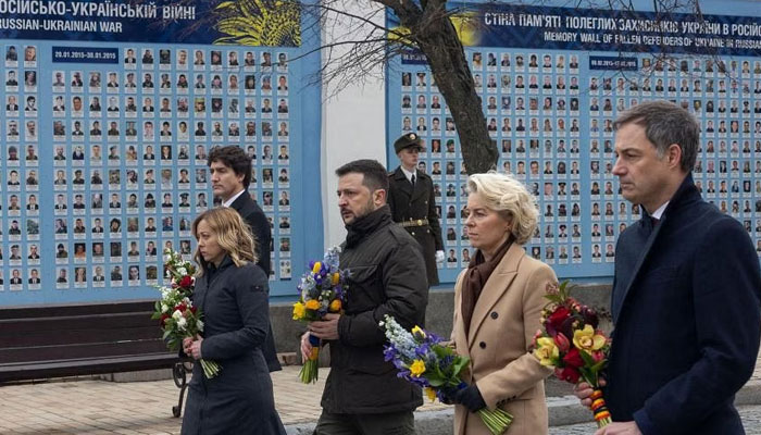 From left Canadas Mr Trudeau, Italys Ms Meloni, Ukraines Mr Zelensky, Ms Ursula von der Leyen, of the European Commission, and Belgiums Mr De Croo attend an anniversary ceremony in Kyiv. — AFP/File