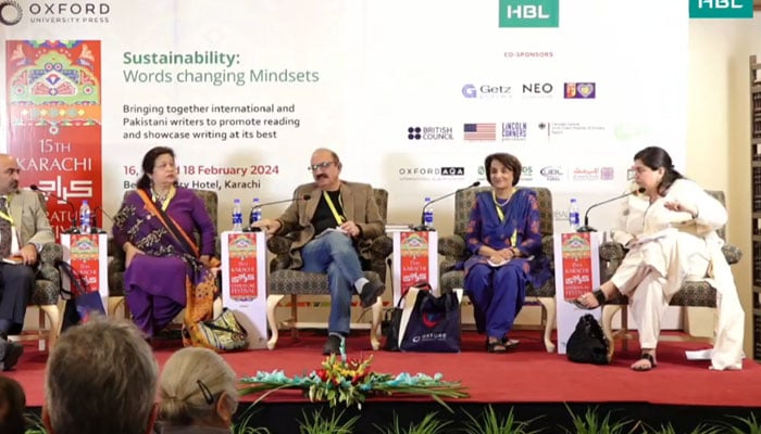This screenshot is taken from a Facebook video released on February 18, 2024. In this screenshot, participants on stage at the Karachi Literature Festival are interacting with the audience. — Facebook/Karachi & Islamabad Lit Fests