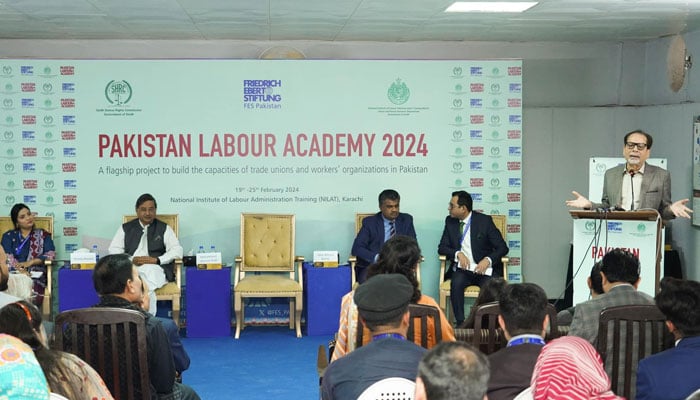 Sindh Caretaker Minister for Information, Social Protection and Minority Affairs Ahmed Shah speaks to the closing ceremony of a course at the Pakistan Labour Academy on February 25, 2024. — Facebook/Mohammad Ahmed Shah