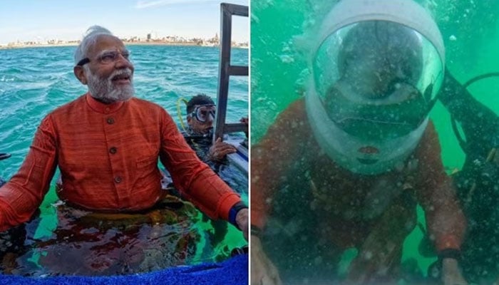 Prime Minister Narendra Modi takes a dip in the Arabian Sea off the coast in Gujarat to offer prayers at the underwater city of Dwarka on February 25, 2024. — X/@narendramodi