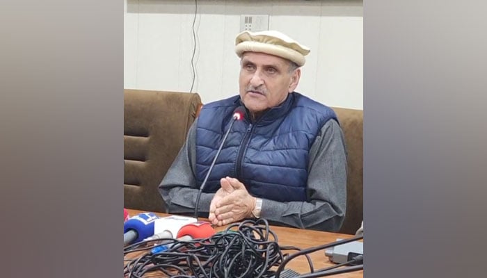 Pakistan People’s Party (PPP) leader and former federal minister Nawabzada Khwaja Muhammad Khan Hoti speak during a press conference on February 26, 2024. — Facebook/Khawaja Muhammad Khan Hoti