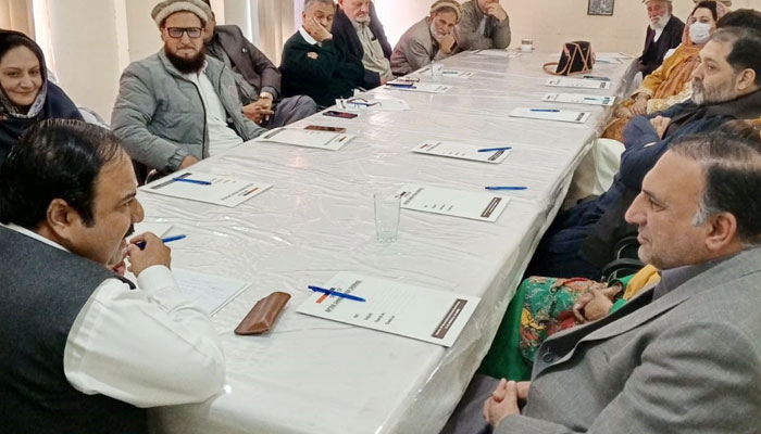 Qaumi Watan Party (QWP) provincial Chairman Sikandar Hayat Khan Sherpao chairs a meeting of the provincial office-bearers of QWP at Wakan Kor on February 27, 2024. — Facebook/Qaumi Watan Party