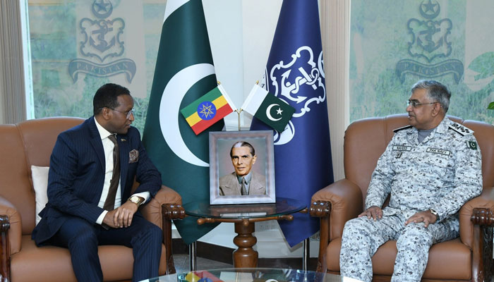 Jemal Beker Abdula, Ambassador Extraordinary and Plenipotentiary (FDRE) meets with Chief of the Naval Staff Admiral Naveed Ashraf (R) at the Naval Headquarters on February 27, 2024. — Facebook/Director General Public Relations - Navy