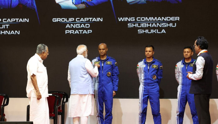 Indias Prime Minister stands with the crew members for its maiden ‘Gaganyaan’ space mission on February 27, 2024 — X/@narendramodi