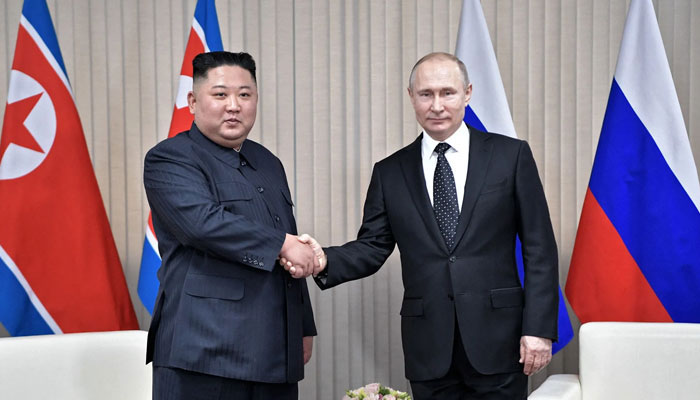 North Korean leader Kim Jong-un with Russian President Vladimir Putin in Vladivostok, Russia, in April 2019. — AFP