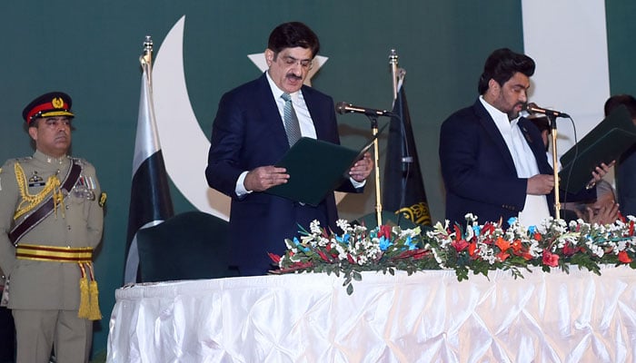 Governor Sindh Kamran Tessori taking oath newly elected Chief Minister of Sindh Syed Murad Ali Shah at Governor House on February 27, 2024. — Online