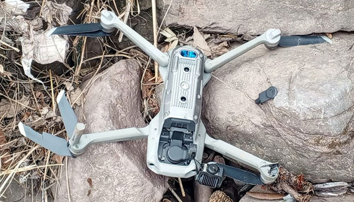 This image shows an Indian “spy” drone shot down by Pakistani forces in the disputed Kashmir territory on February 25, 2024. — Radio Pakistan