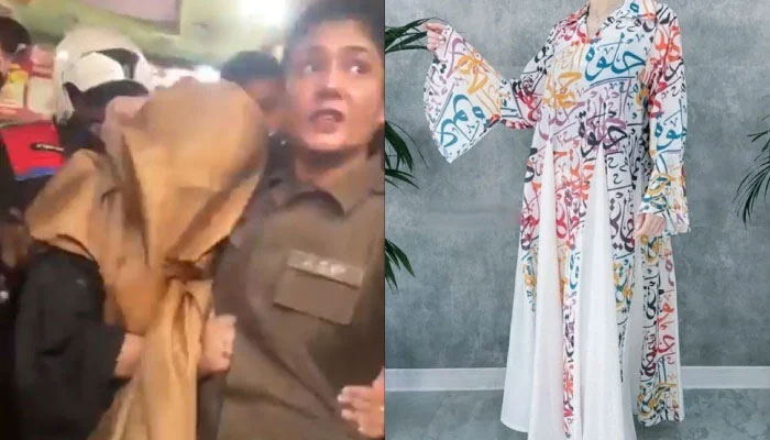 ASP Shehrbano rescues the woman in Ichhra Bazaar in Lahore, in this still taken from a video (left), and the image of the dress that sparked the mob. — X/@OfficialDPRPP/@TahirAshrafi