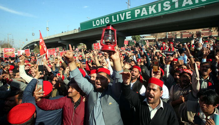 Activists of Awami National Party (ANP) hold protest demonstration against alleged rigging in General Election 2024, outside Khyber Pakhtunkhwa Assembly in Peshawar on February 28, 2024. — PPI