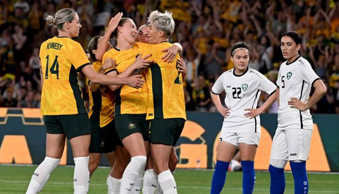 Australian player Michelle Heyman (Centre #2) celebrates with teammates after scoring a goal during the women’s football qualifying match for the 2024 Paris Olympic Games between Australia and Uzbekistan in Melbourne on February 28, 2024. — AFP