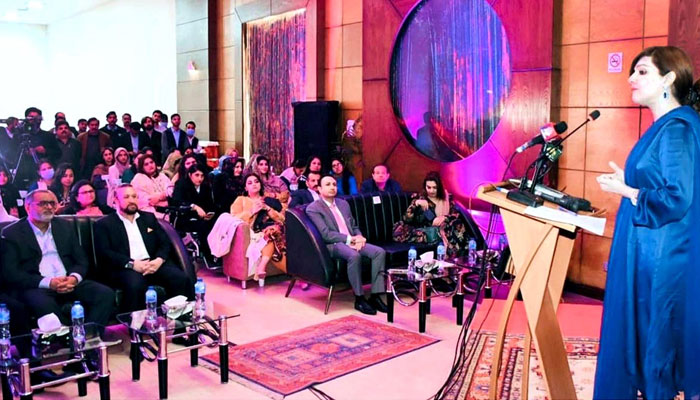 Special Assistant to Prime Minister for Human Rights and Women Empowerment Mushaal Hussein Mullick addressing at an event organized by Pak Gulf Construction Pvt Ltd. in connection with International Womens Day on February 28, 2024. — APP