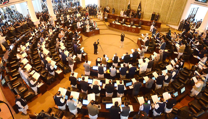 Newly elected members take oath at the provincial legislature of Pakistans Khyber Pakhtunkhwa (KP) Assembly in Peshawar on February 28, 2024. — INP