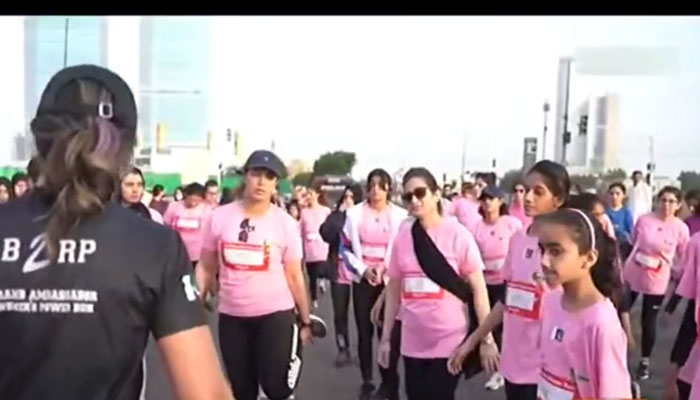 The image is a screenshot of a Geo News video of the 4th Women’s Power Run. — Facebook/b2rpakistan