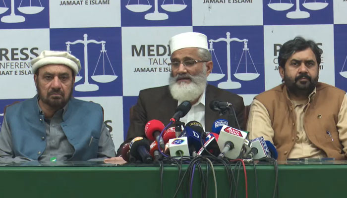 Jamaat-e-Islami Ameer Siraj ul Haq Addresses a press conference at Mansoorah ojn February 29, 2024. — Facebook/Siraj ul Haq