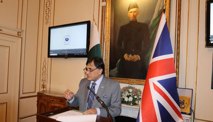 Pakistan’s High Commissioner to the UK Dr Mohammad Faisal speaking at a reception in Sialkot SCCI. — X/PakistaninUK