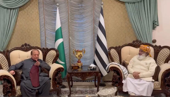 PML-N supremo Nawaz Sharif (left) during a meeting with JUI-F Chief Fazlur Rehman on Mar 1, 2024. — Screeengrab/X/@pmln_org