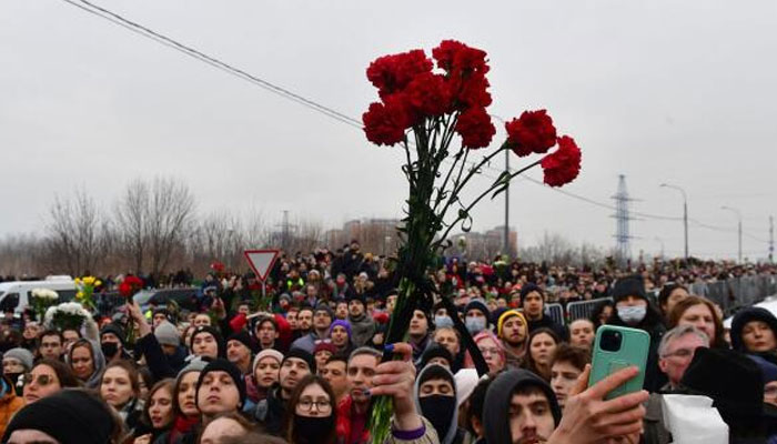 Mourners attend a funeral ceremony for late Russian opposition leader Alexei Navalny at the Borisovo cemetery in Moscows district of Maryino. — AFP