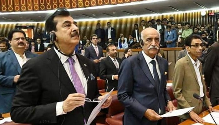 PPP leader Yousuf Raza Gillani (left) pictured with Khursheed Shah (centre) and MQM-Ps Khalid Maqbool Siddiqui during the National Assemblys inaugural session on February 29, 2024. — Facebook/SyedYousufRazaGillani