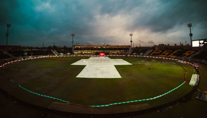 This image shows the covered pitches in the Pindi Cricket Stadium due to heavy rainfall on March 2, 2024. — Facebook/Pakistan Super League