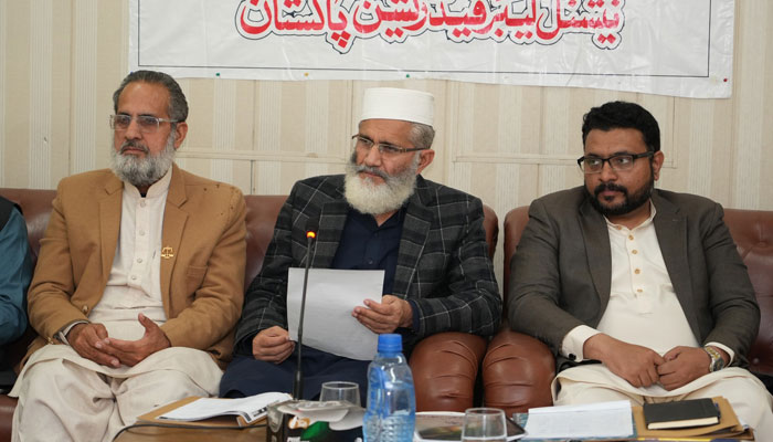 Jamaat-e-Islami Ameer Sirajul Haq (C) talks to media after participation in the  National Labour Federation meeting at Mansoorah on March 2, 2024. — Facebook/Siraj ul Haq