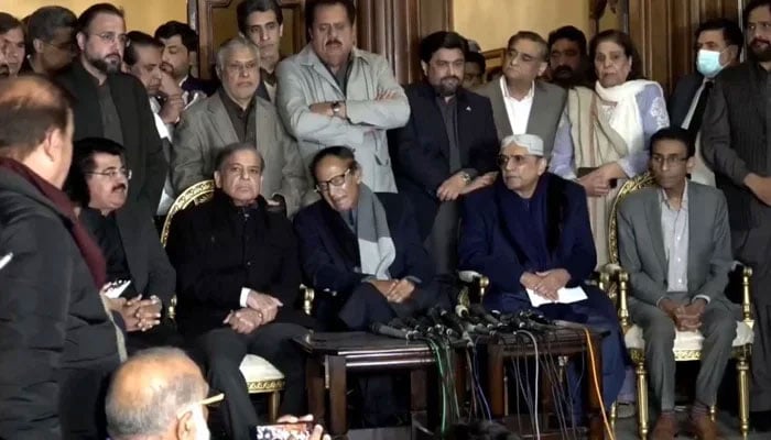(From left to right) Senate Chairman Sadiq Sanjrani speaks whereas PML-N President Shehbaz Sharif, PML-Q chief Chaudhry Shujaat, PPP Co-Chairman Asif Ali Zardari and MQM-P convener Khalid Maqbool Siddiqui sit during a presser. — Facebook/Mian Shehbaz Sharif